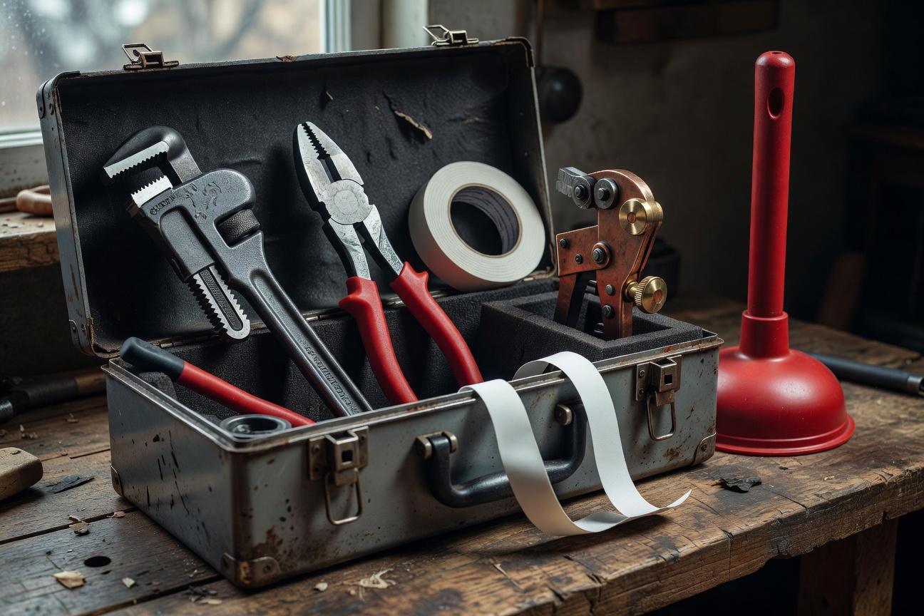 Essential plumbing tools — wrenches, pliers, and sealing tape laid out on a workbench