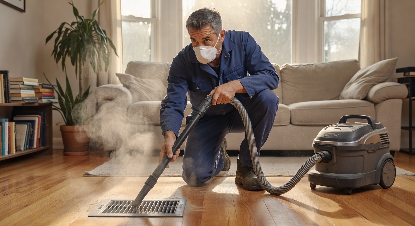 Unscrewing and removing an air vent cover from a wall to clean the grille and vacuum the duct opening