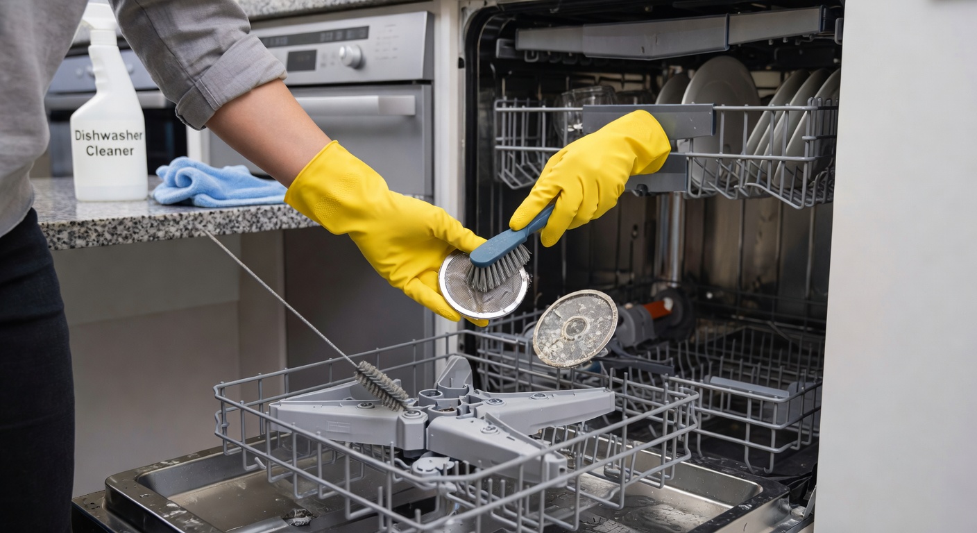 Interior of a dishwasher being cleaned with a brush and cleaning tablet