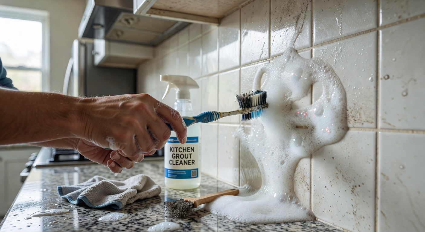 Scrubbing discoloured grout lines in a kitchen using a stiff brush and a baking soda paste
