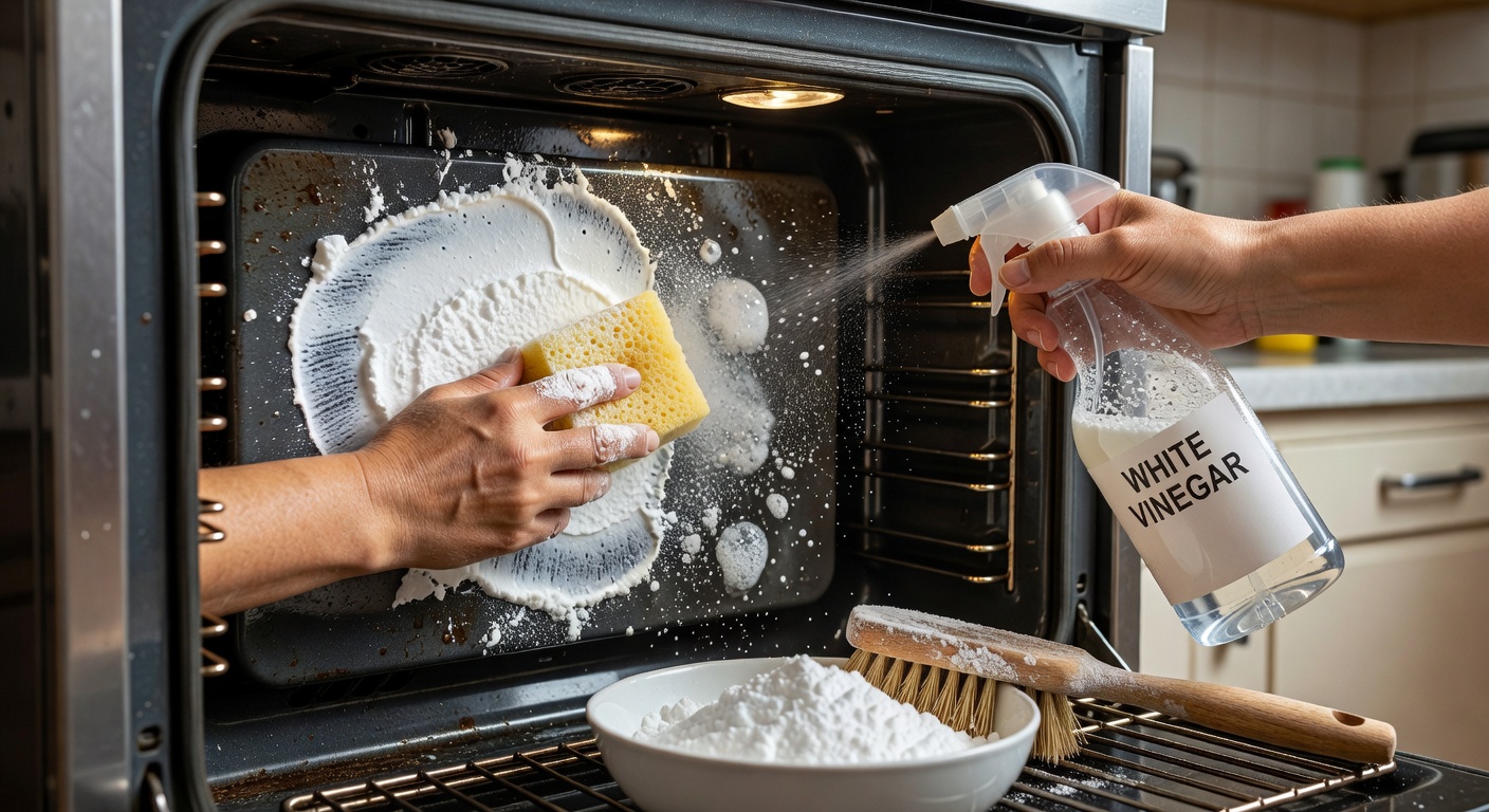 Interior of an oven being cleaned with a baking soda paste and a sponge