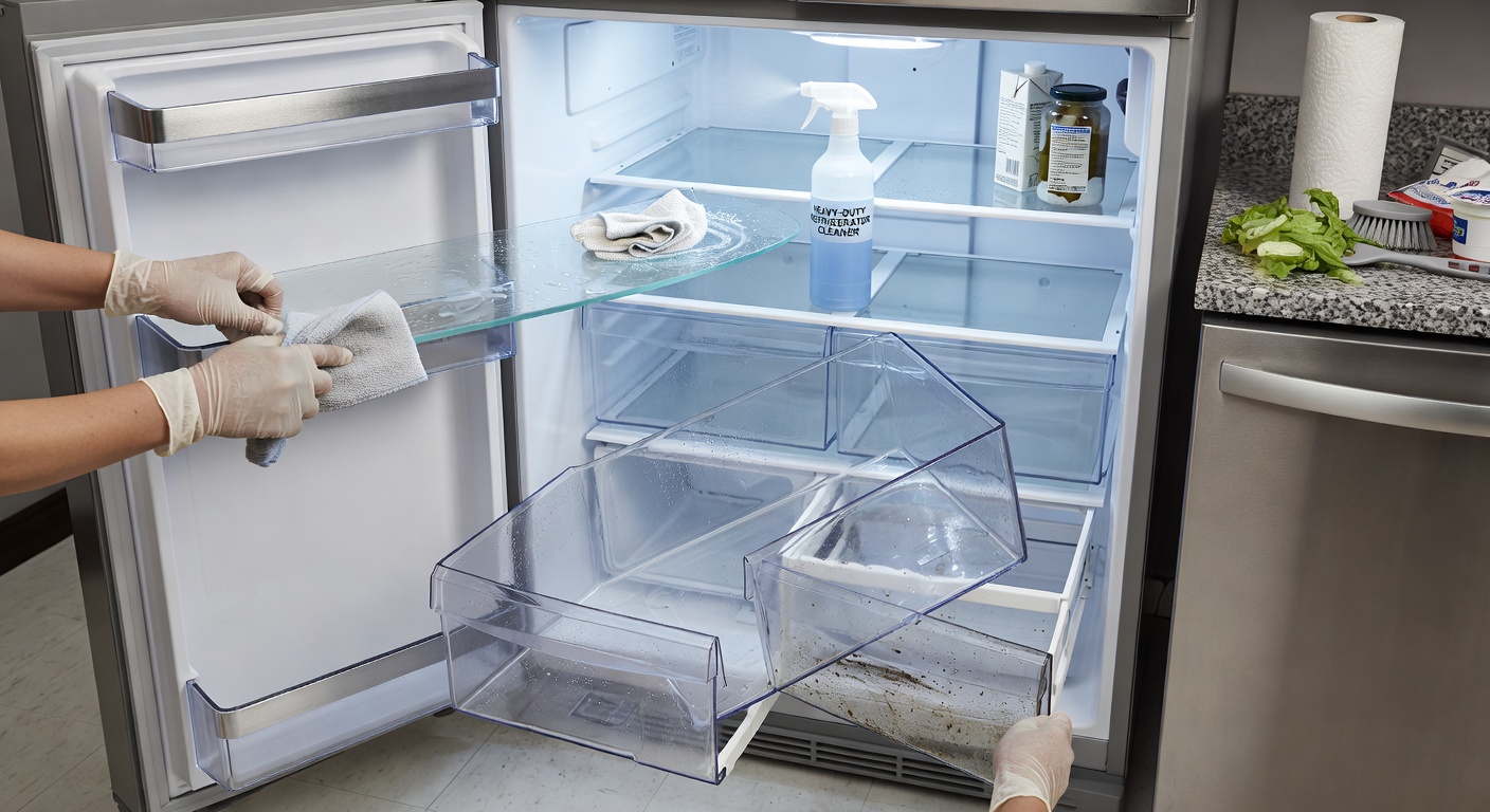 Removing shelves and drawers from a refrigerator for a thorough deep clean with warm soapy water