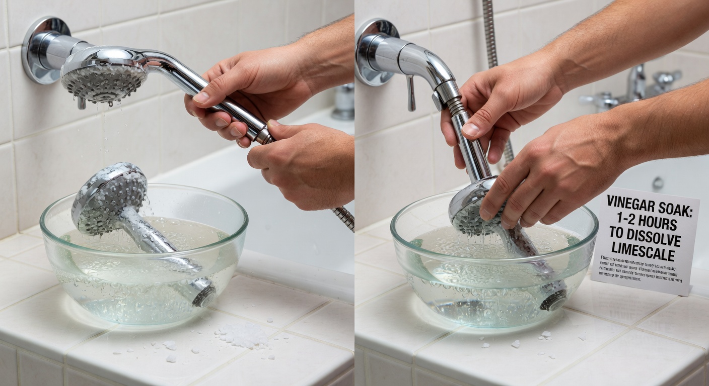 A showerhead soaking in a bag of white vinegar to remove limescale and mineral deposits