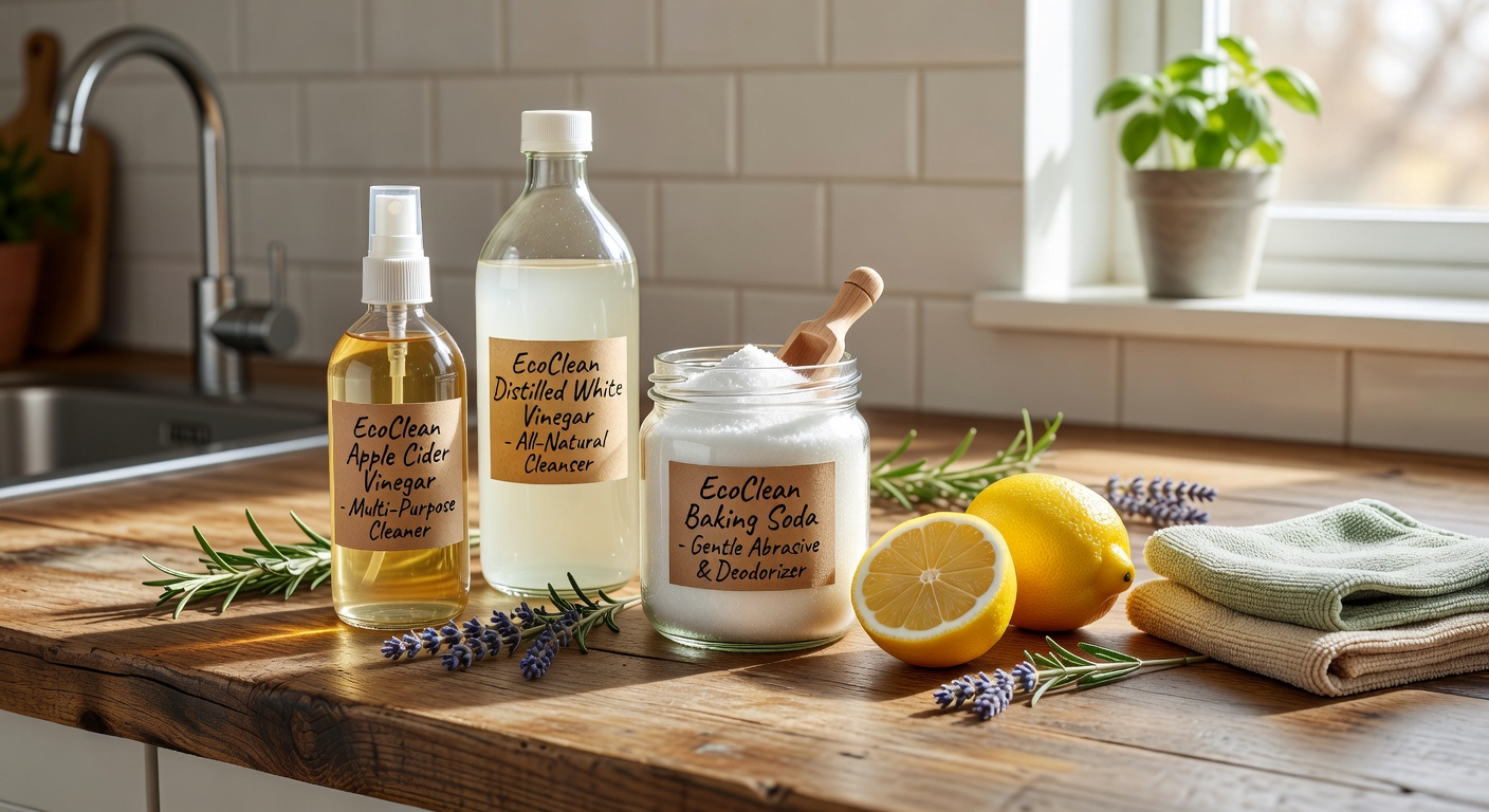A row of eco-friendly cleaning bottles and natural sponges on a kitchen shelf