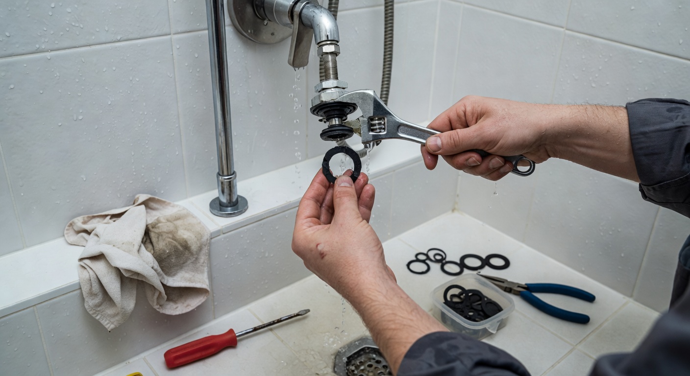 A shower mixer tap with the cover removed, showing the cartridge inside