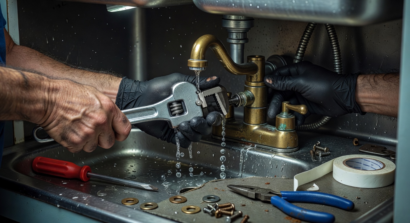 Close-up of a leaky kitchen faucet being repaired with a wrench