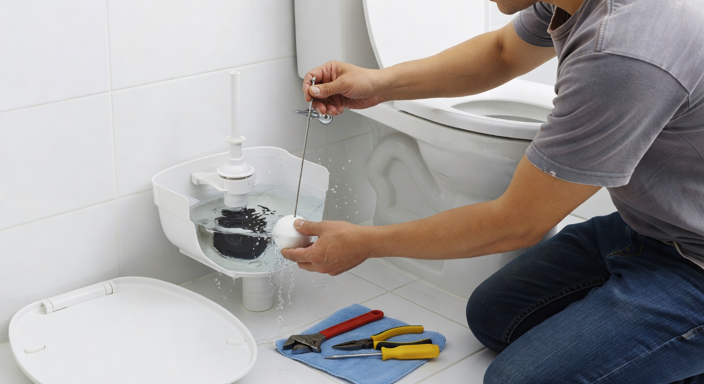A toilet cistern open with a hand adjusting the flush mechanism