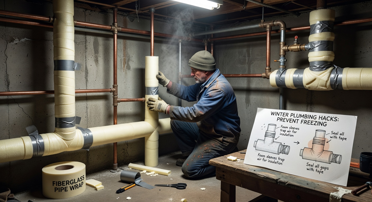 Insulated pipe in a cold utility room to prevent winter freezing