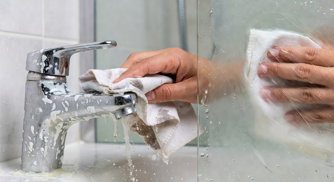Hard water stains on a tap and basin, showing mineral deposits from water in cold climates