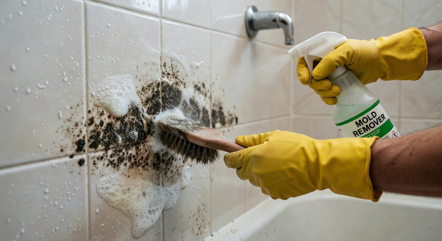 Removing mould from bathroom tile grout using a hydrogen peroxide spray and a grout brush