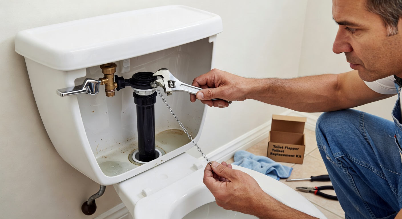 Hands adjusting the float arm inside a toilet cistern during a fill valve repair
