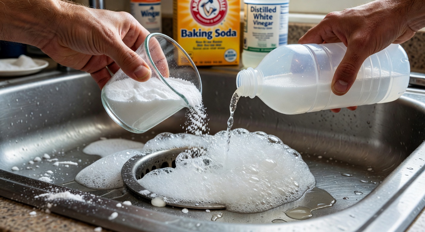 Baking soda and white vinegar being poured into a blocked sink drain