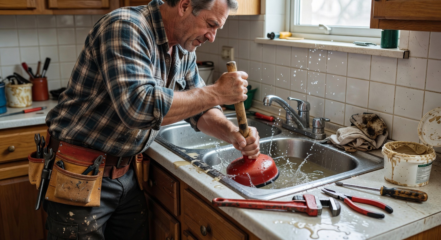 Person using a plunger to clear a blocked kitchen sink drain