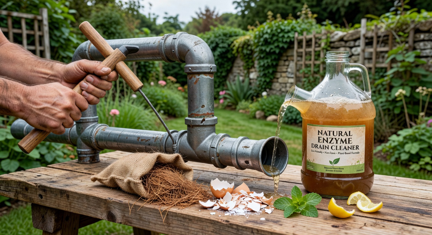 Baking soda and vinegar next to a sink drain with natural cleaning materials